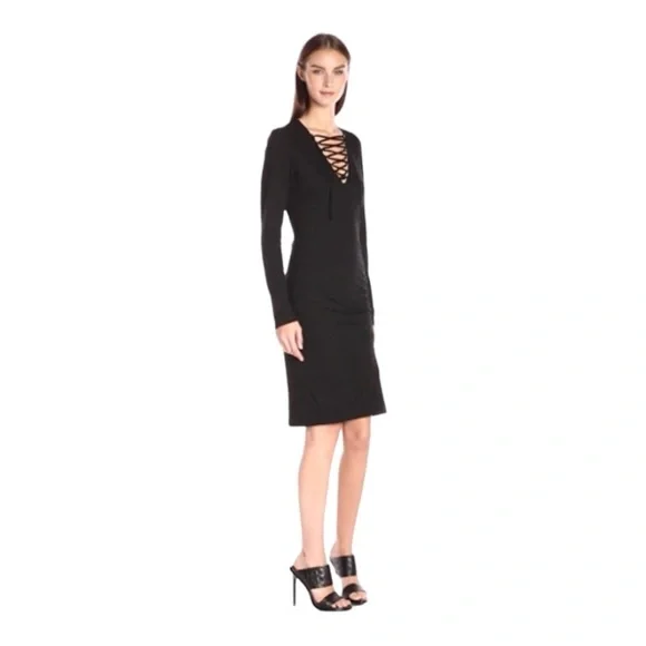 Pam & Gela Lace up Ruched Black Dress Long Sleeves - Picture 13 of 15